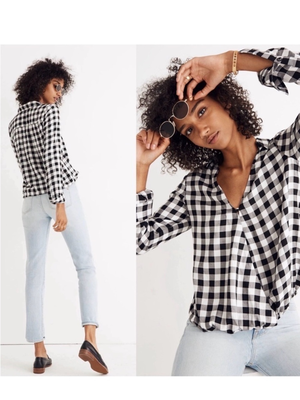 Madewell Buffalo Check Wrap Front Plaid Top Black White Small